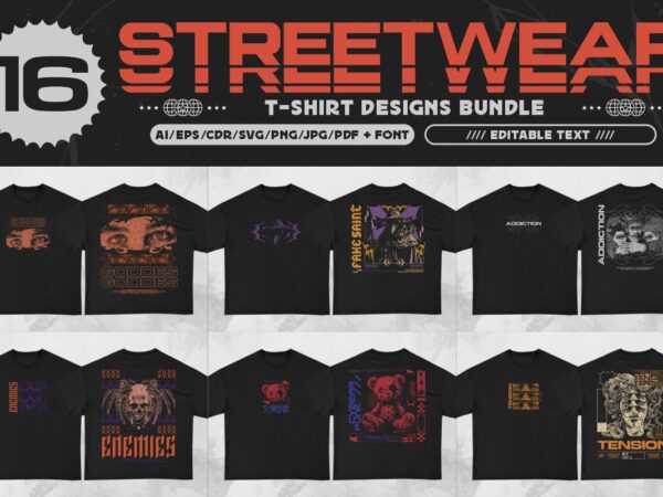 Editable streetwear graphic t-shirt designs bundle