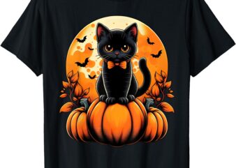 Retro Black Cat Pumpkin Halloween Costume Fall Autumn Season T-Shirt