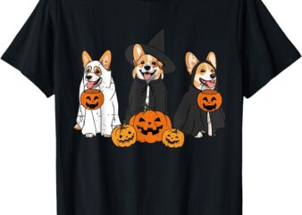 Retro Funny Ghost And Witch Corgi Dog Pumpkin Halloween Cute T-Shirt