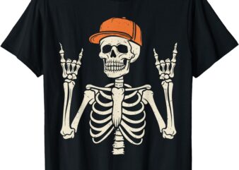 Rocker Skeleton Rock On Hand Halloween Skeleton Men Boys Kid T-Shirt