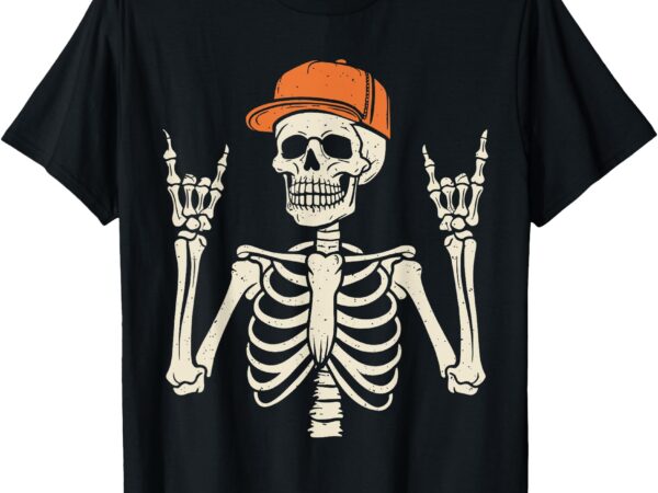 Rocker skeleton rock on hand halloween skeleton men boys kid t-shirt