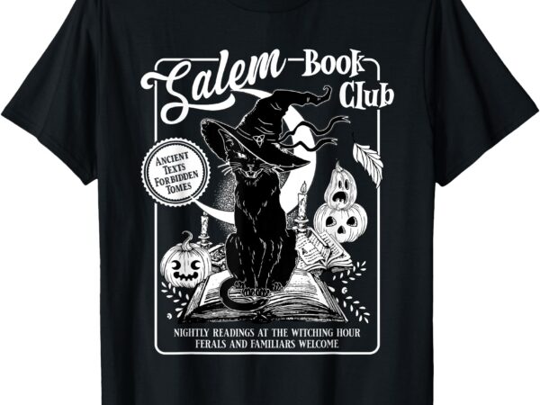 Salem witch book club bookish retro halloween black cat t-shirt