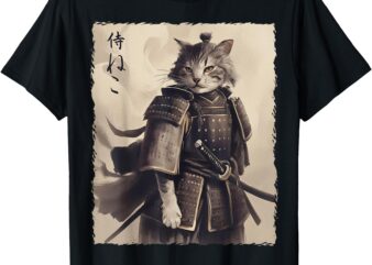 Samurai Cat Vintage Ukiyo e Cool Warrior Cat Japanese Art T-Shirt