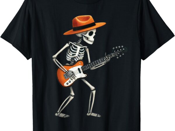 Skeleton playing electric guitar rock halloween boys men tee t-shirt