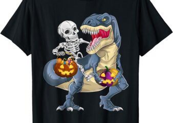 Skeleton Riding Dinosaur Halloween Funny Pumpkin T-Shirt