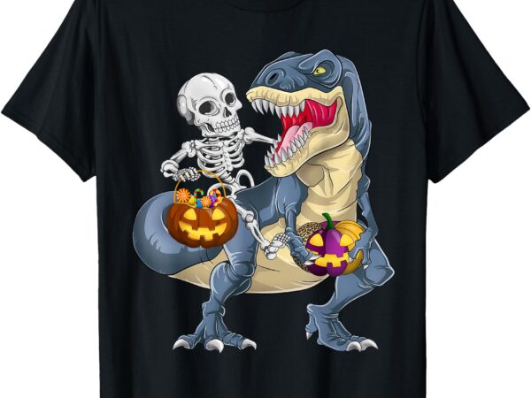 Skeleton riding dinosaur halloween funny pumpkin t-shirt