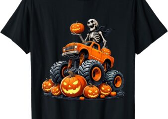 Skeleton Riding Monster Truck Halloween Pumpkin Kids Toddler T-Shirt