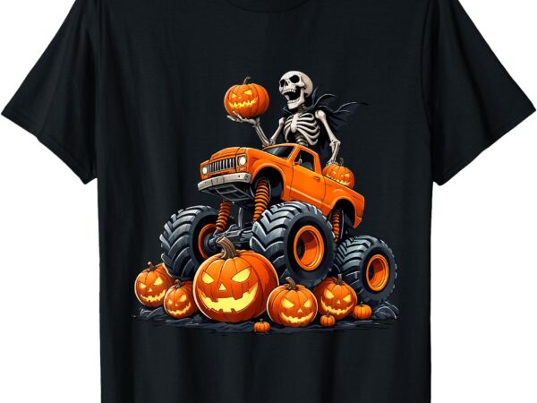 Skeleton riding monster truck halloween pumpkin kids toddler t-shirt