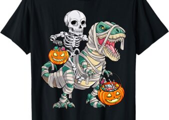 Skeleton on Mummy Dinosaur Halloween Candy Grab T-Shirt T-Shirt