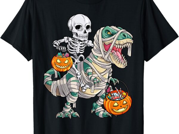 Skeleton on mummy dinosaur halloween candy grab t-shirt t-shirt