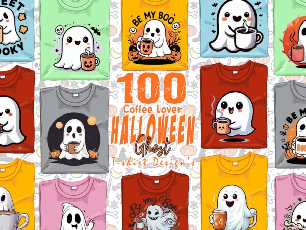 Magical coffee party of halloween cute ghost t-shirt design bundle of 100 designs mega bundle