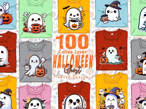 Spooky coffee lover ghost halloween t-shirt design bundle of 100 designs mega bundle