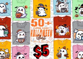 Magical Coffee Party of Halloween Cute Ghost t-shirt design bundle of 50 designs only at 5$