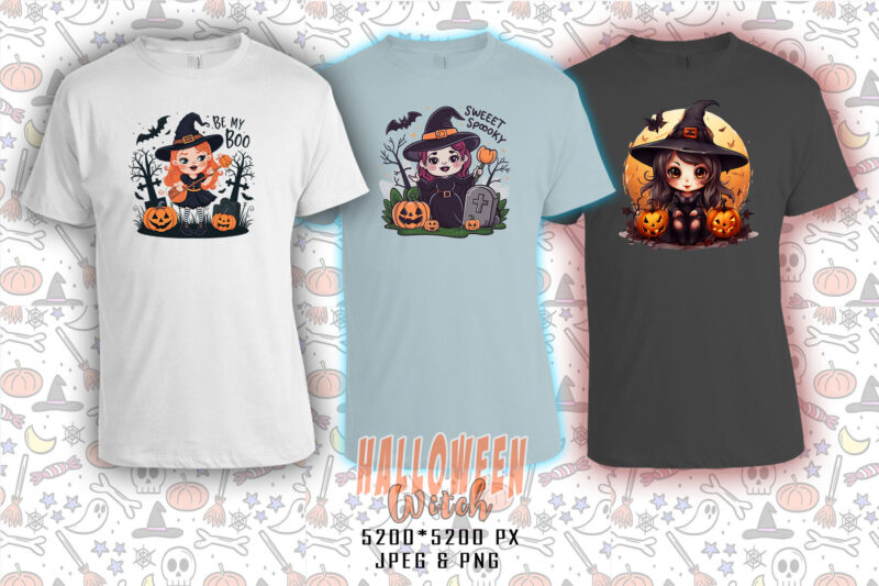 Colourful Halloween Witch Party t-shirt design bundle of 20 designs – download instantly Retro Vintage T-shirt Illustration Clipart Bundle