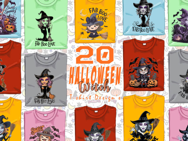 Spooky cartoon ghost halloween witch t-shirt design bundle of 20 designs – download instantly t-shirt graphics bundle