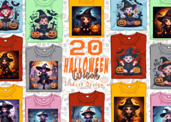 Halloween Spooky Cartoon Witch Ghost t-shirt design bundle of 20 designs – download instantly Retro Vintage Illustration for Halloween Event