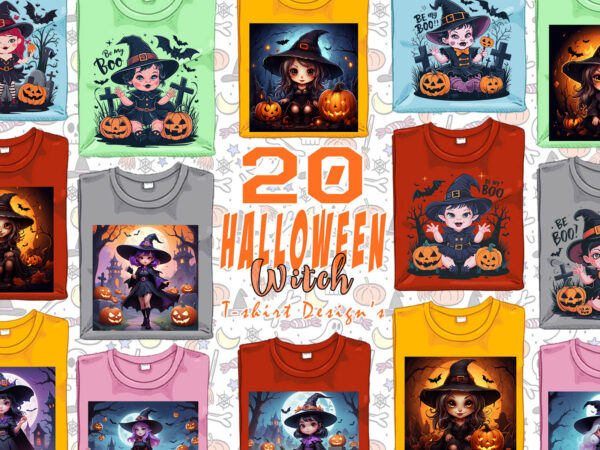 Halloween spooky cartoon witch ghost t-shirt design bundle of 20 designs – download instantly retro vintage illustration for halloween event