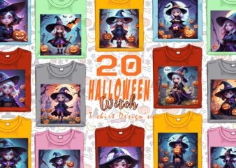 Spooky Cartoon Halloween Witch t-shirt design bundle of 20 png & jpeg designs – download instantly Retro Vintage T-shirt Design Illustration