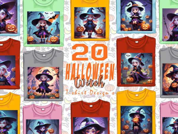 Spooky cartoon halloween witch t-shirt design bundle of 20 png & jpeg designs – download instantly retro vintage t-shirt design illustration