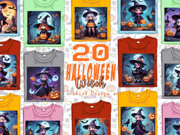 Colourful halloween cartoon witch party t-shirt design bundle of 20 designs – download instantly retro vintage t-shirt illustration clipart