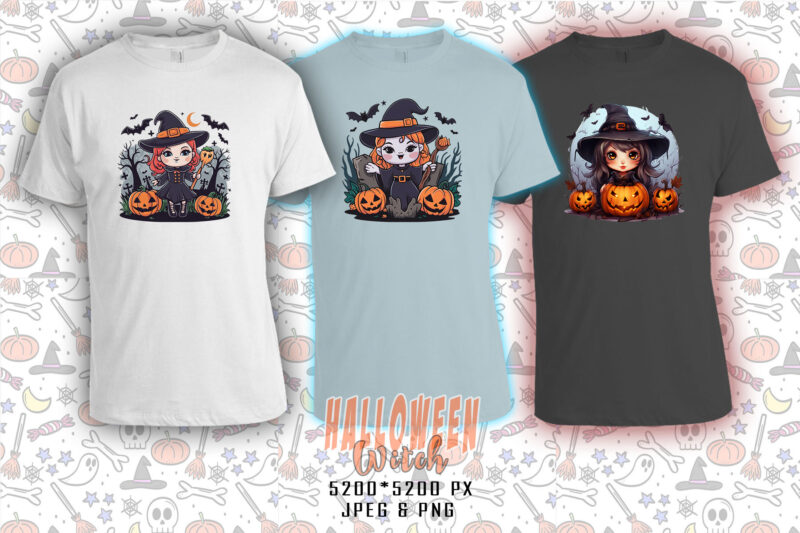 Colourful Halloween Witch Party t-shirt design bundle of 20 designs – download instantly Retro Vintage T-shirt Illustration Clipart Bundle