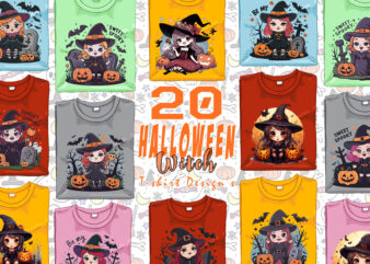 Colourful Halloween Witch Party t-shirt design bundle of 20 designs – download instantly Retro Vintage T-shirt Illustration Clipart Bundle