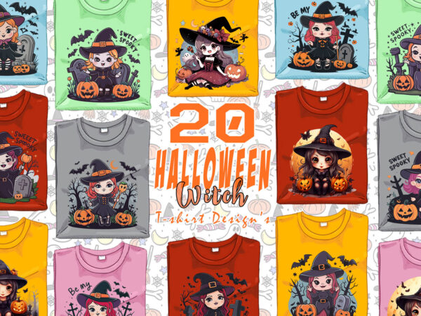 Colourful halloween witch party t-shirt design bundle of 20 designs – download instantly retro vintage t-shirt illustration clipart bundle