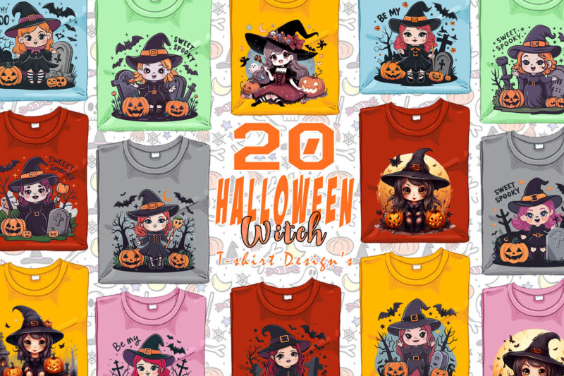 Colourful Halloween Witch Party t-shirt design bundle of 20 designs – download instantly Retro Vintage T-shirt Illustration Clipart Bundle