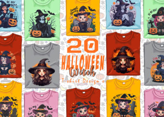 Spooky Halloween Witch t-shirt design bundle of 20 png & jpeg designs – download instantly