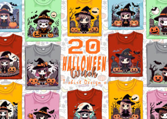 Halloween Spooky Witch Ghost t-shirt design bundle of 20 designs – download instantly Retro Vintage Illustration T-shirt Clipart Bundle