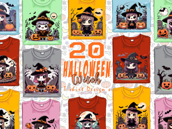 Halloween spooky witch ghost t-shirt design bundle of 20 designs – download instantly retro vintage illustration t-shirt clipart bundle