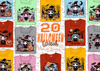 Colourful Halloween Witch Party t-shirt design bundle of 20 designs