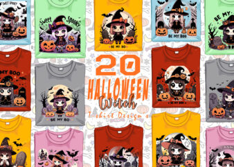 Retro Halloween Witch Lady t-shirt design bundle of 20 designs – download instantly Retro Vintage T-shirt Illustration Clipart Bundle