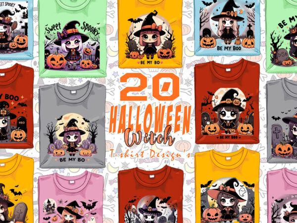 Retro halloween witch lady t-shirt design bundle of 20 designs – download instantly retro vintage t-shirt illustration clipart bundle