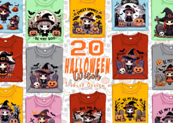 Halloween Spooky Cartoon Witch Ghost t-shirt design bundle of 20 designs – download instantly