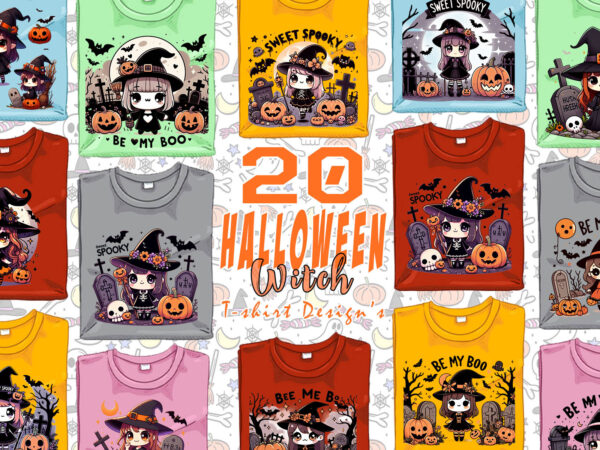 Halloween spooky cartoon witch ghost t-shirt design bundle of 20 designs – download instantly