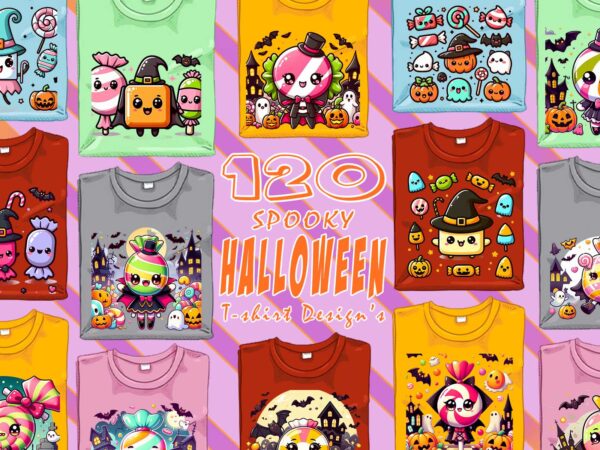 Retro halloween candy ghost t-shirt design bundle with 120 designs download instantly retro vintage t-shirt illustration clipart mega bundle