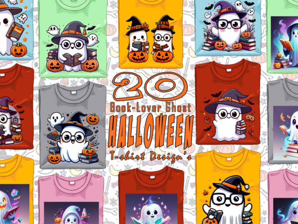 Magical halloween spooky ghost with book of halloween t-shirt design bundle with 20 designs