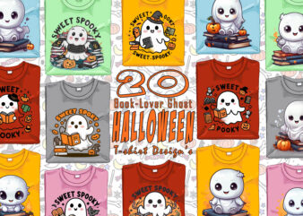 Halloween bookish ghost t-shirt design bundle with 20 designs – download instantly retro vintage t-shirt illustration clipart bundle