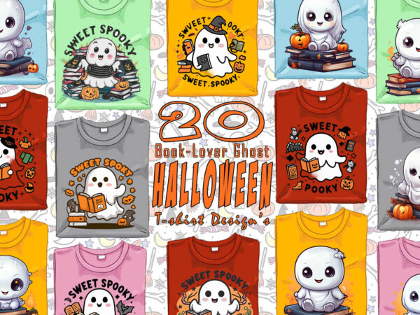 Halloween bookish ghost t-shirt design bundle with 20 designs – download instantly retro vintage t-shirt illustration clipart bundle