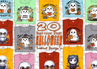 Colourful Halloween Bookish Ghost t-shirt design bundle with 20 designs