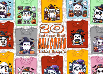 Bookish Ghost Halloween t-shirt design bundle with 20 png & jpeg designs – download instantly