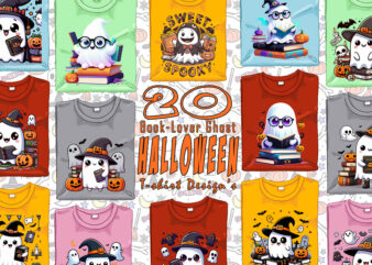 Halloween Spooky Ghost with Book of Halloween t-shirt design bundle with 20 design