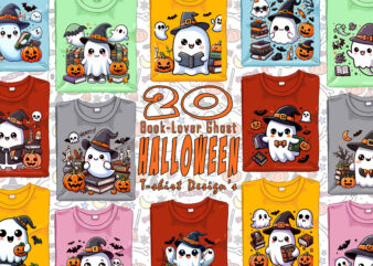 20 Watercolour Spooky Bookish Ghost Halloween t-shirt design bundle