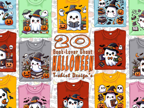 20 watercolour spooky bookish ghost halloween t-shirt design bundle