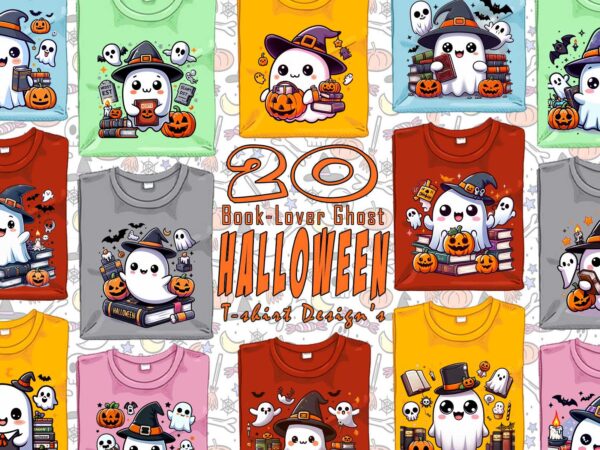 Magical book of halloween cute ghost t-shirt design bundle with 20 design