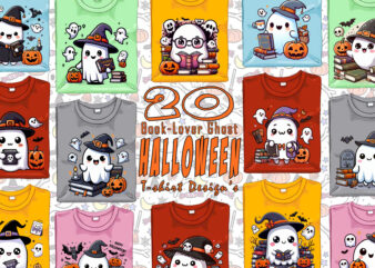 Bookish Ghost Halloween t-shirt design bundle with 20 png & jpeg designs Bundle