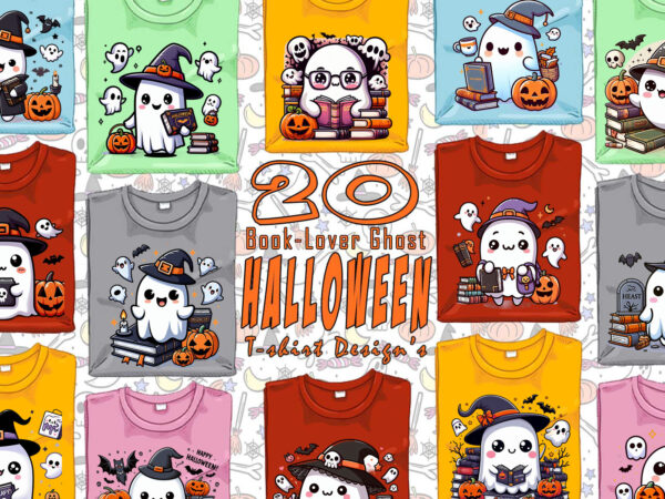 Bookish ghost halloween t-shirt design bundle with 20 png & jpeg designs bundle