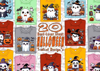 Colourful Halloween Bookish Ghost t-shirt design bundle of 20 design