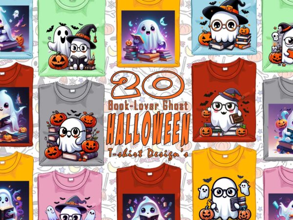 Retro halloween book lover ghost t-shirt design bundle with 20 designs – download instantly